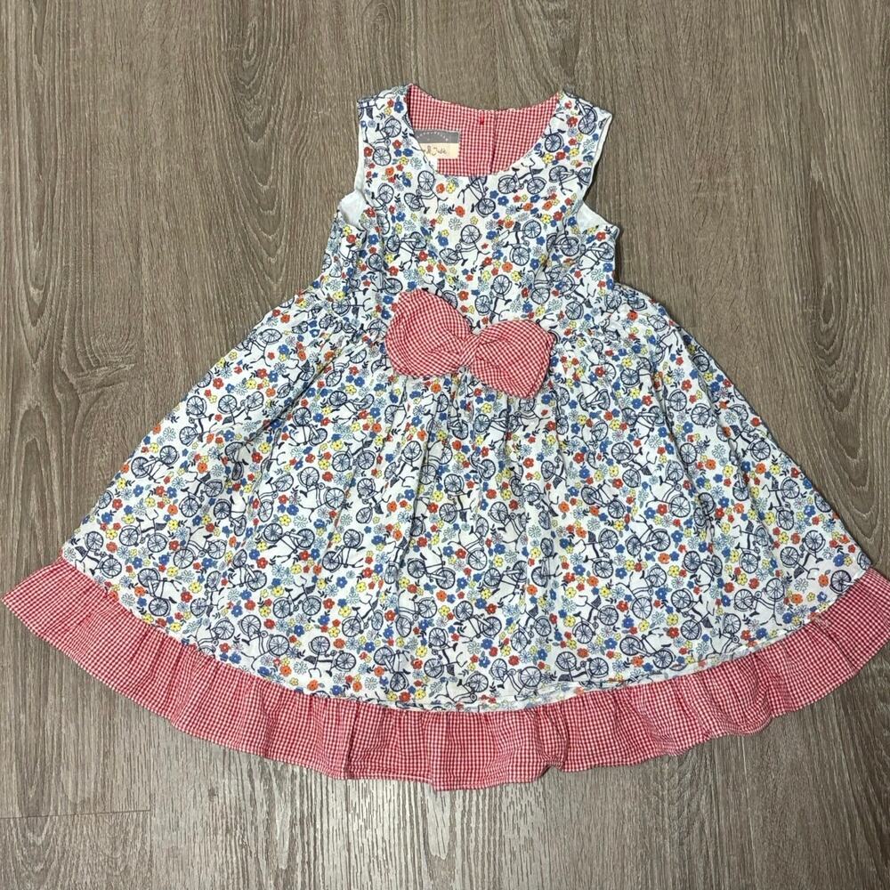Pippa & Julie Bicycle Floral Dress Size 4 Whimsical Bike Print Gingham Bow​